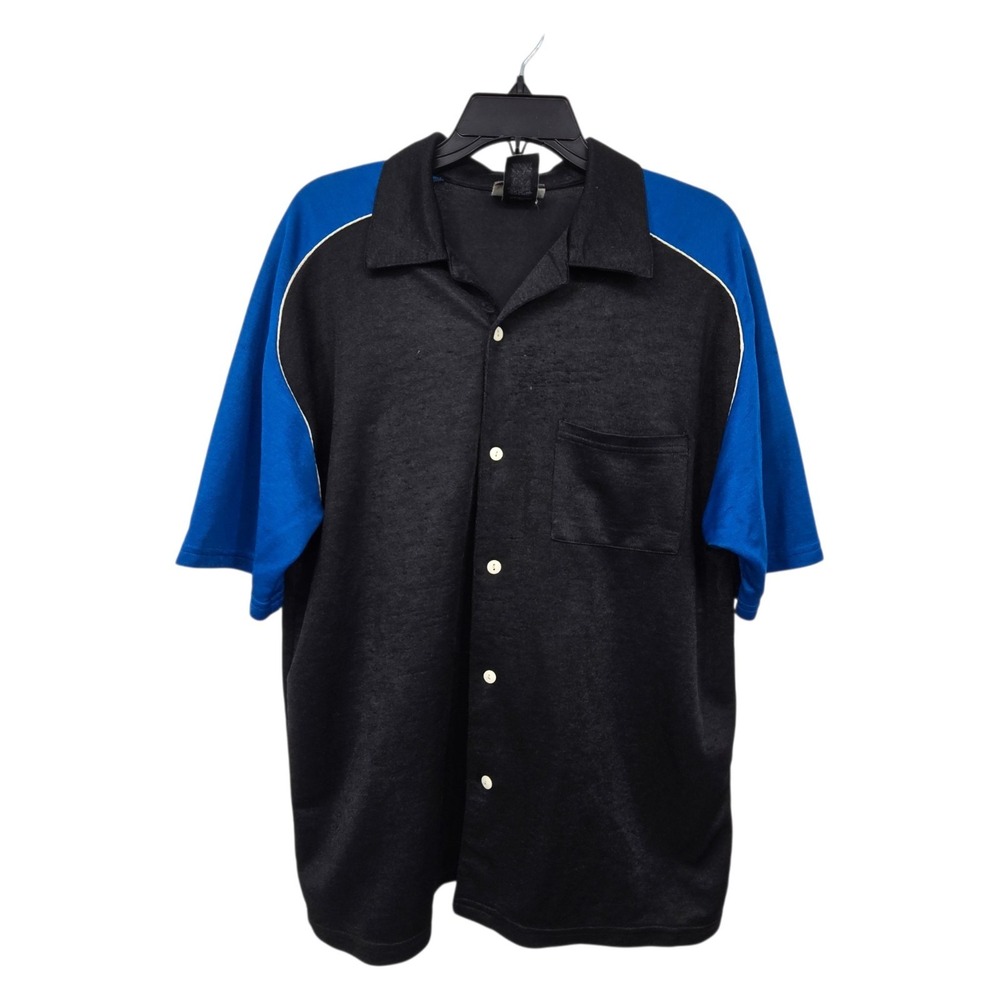 Vintage 80s 90s Bowling Shirt Mens XL Blue Black Button Short Sleeve Hipster